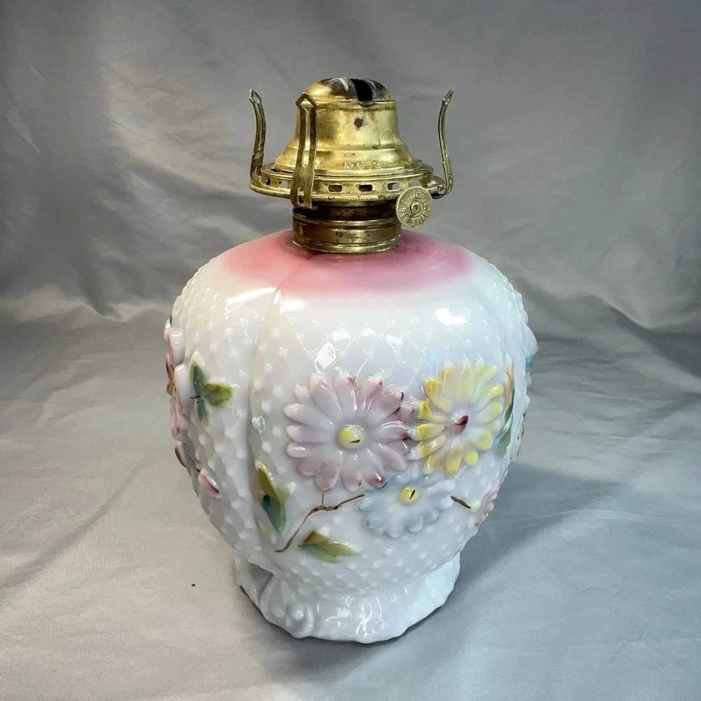Antique Oil Lamp Base Consolidated Glass Florette Pink Blush Bulging Petal